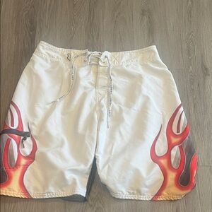 Vintage size 34 Men's White Swim Shorts with Flame Design